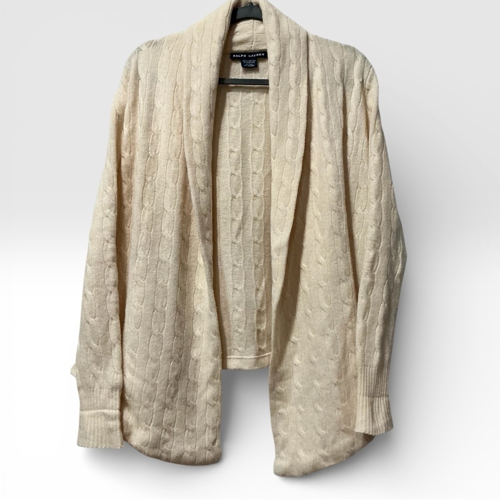 Ralph Lauren Wool Cashmere Cable Knit Open Front Cardigan Cream Drape Hi Low S